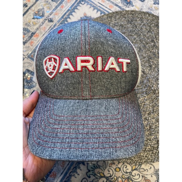 Ariat Other - Ariat Mens Grey Heather Red Logo Mesh Back Snapback Trucker Hat Cap Adjustable